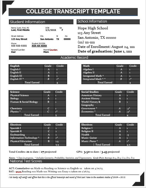 college transcript template free download word