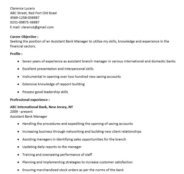 Banking Assistant Manager Resume
