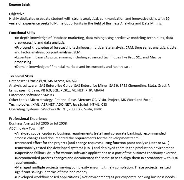 Banking Business Analyst Resume