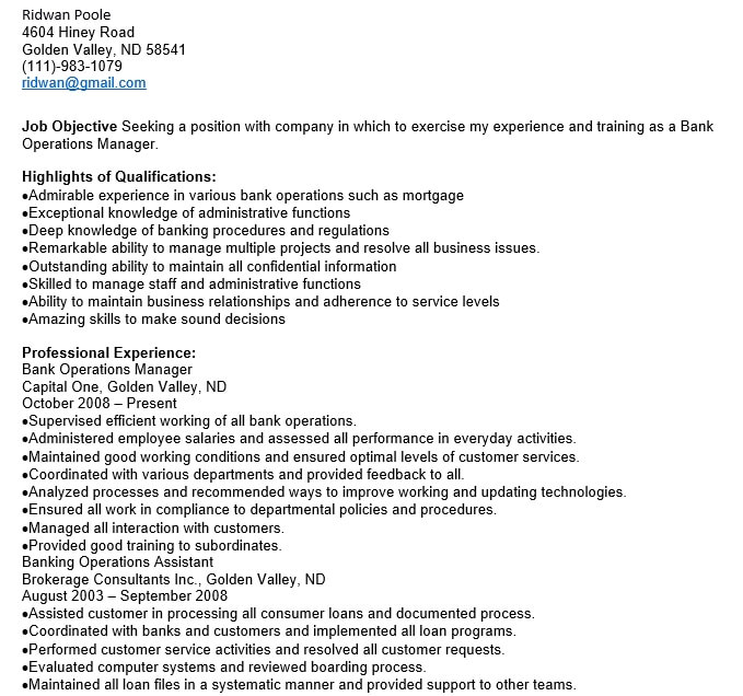 Banking Operations Manager Resume