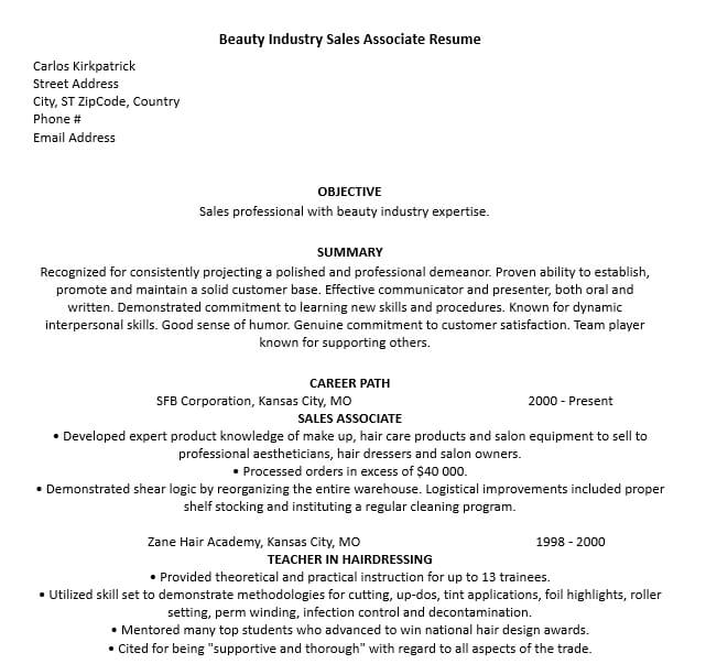 Beauty Industry Sales Associate Resume