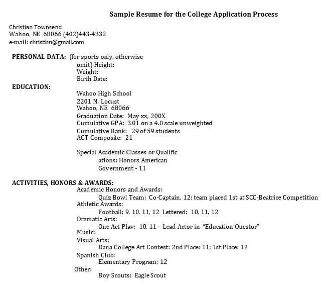 College Application Resume PDF Free Download
