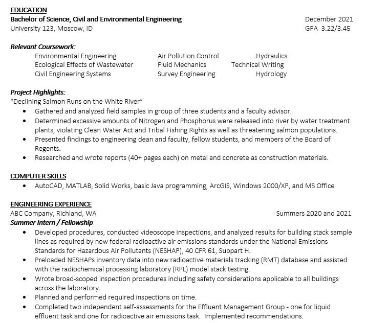 Entry Level Engineering Resume Template
