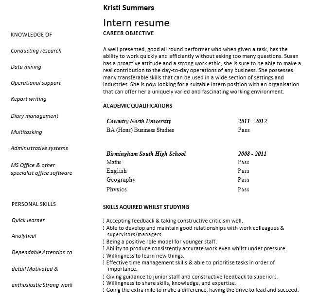 Example Student Internship Resume Template PDF