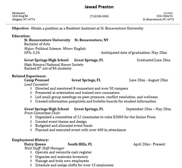 First Year College Resume in PDF