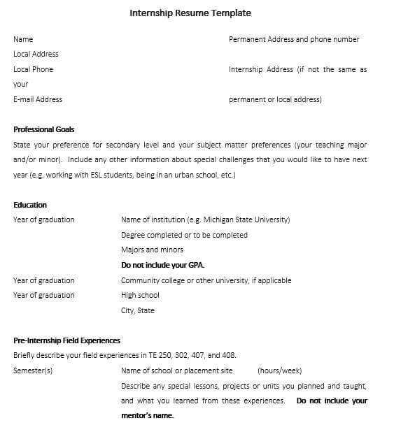 Free High School Internship Resume Word Download