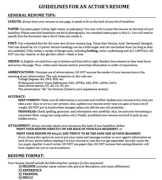 Guidelines for Acting Resume PDF Download