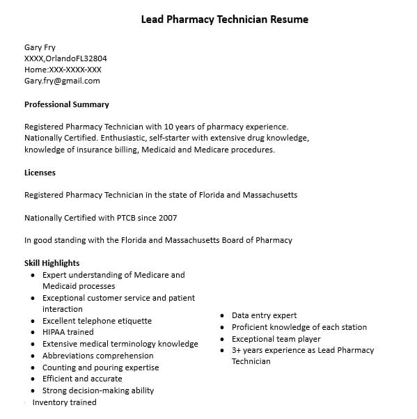 Lead Pharmacy Technician Resume