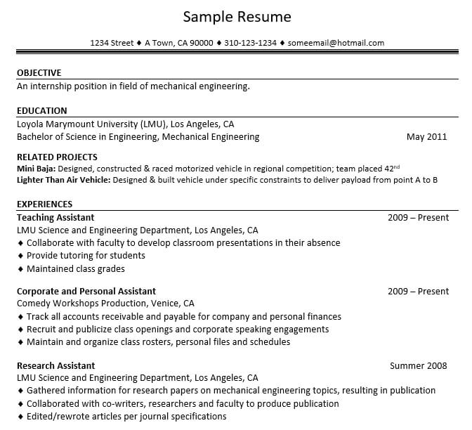 Mechanical Engineering Resume For Experience