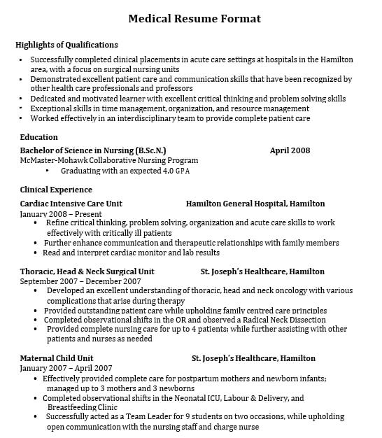 Medical Resume Format for Fresher