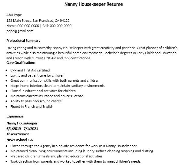 Nanny Housekeeper Resume Example