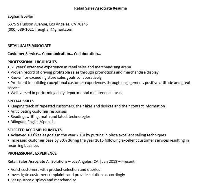 Retail Sales Associate Resume