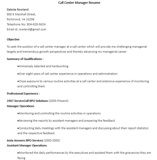 Call Center Manager Resume Template