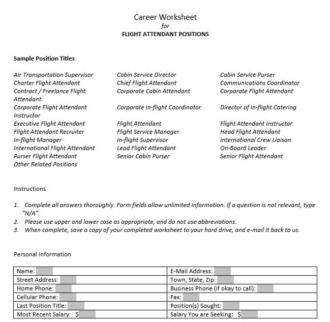 Career Worksheet Flight Attendant Resume