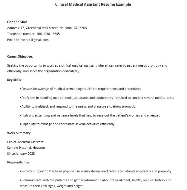 Clinical Medical Assistant Resume Example