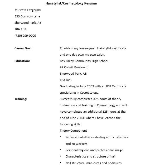 Cosmetology Resume Template Free Download