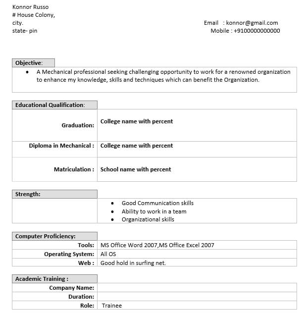 Download Resume Format For Mechanical Engineer Fresher
