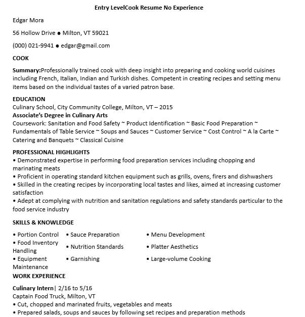 Entry Level Cook Resume No Experience