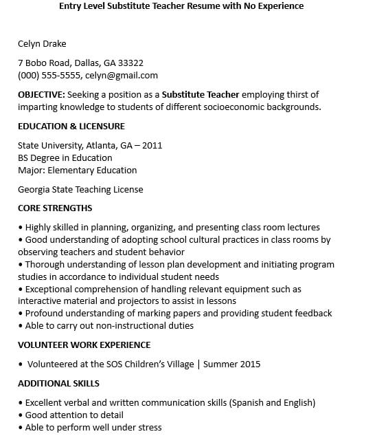 Entry Level Substitute Teacher Resume with No Experience