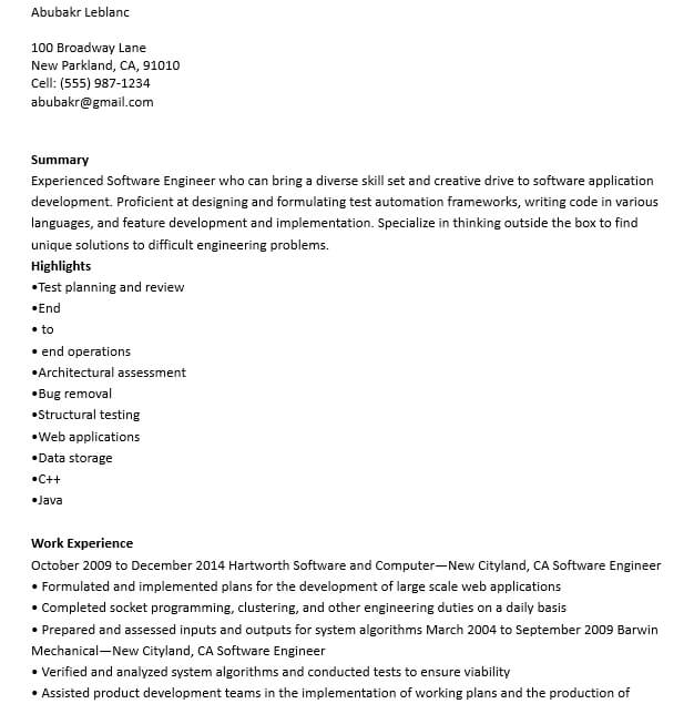 Experienced Resume Format for Software Developer