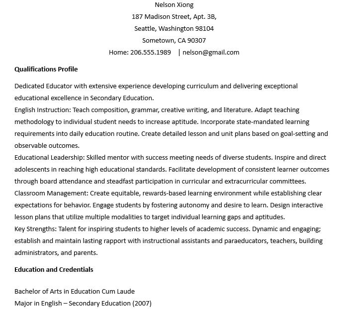 Experienced Teacher Resume Format