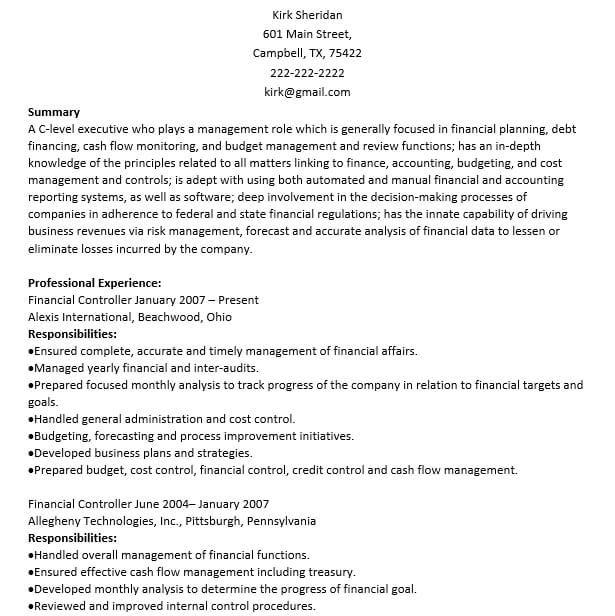 Finance Controller Resume Sample