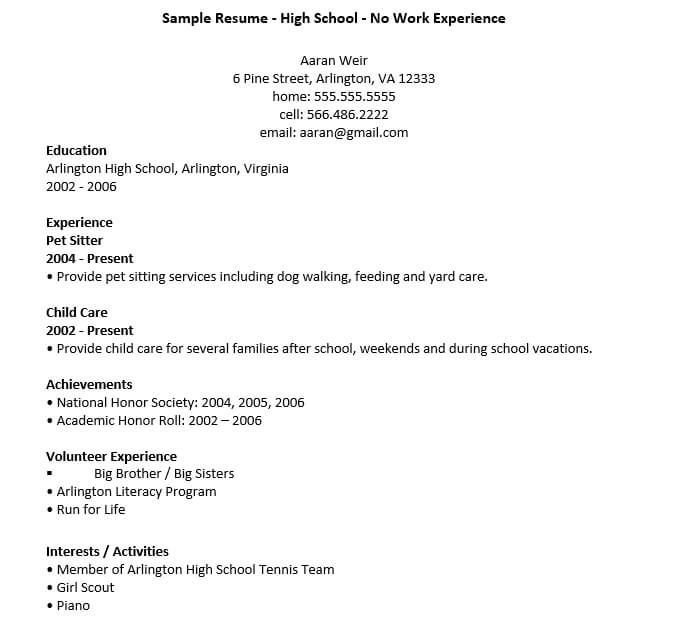 High School Student Resume No Experience