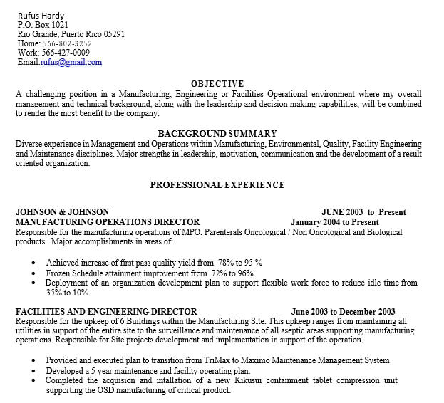 Manufacturing Manager Resume