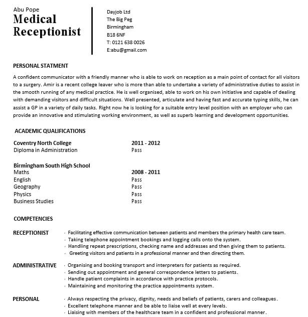 Medical Receptionist Resume 1