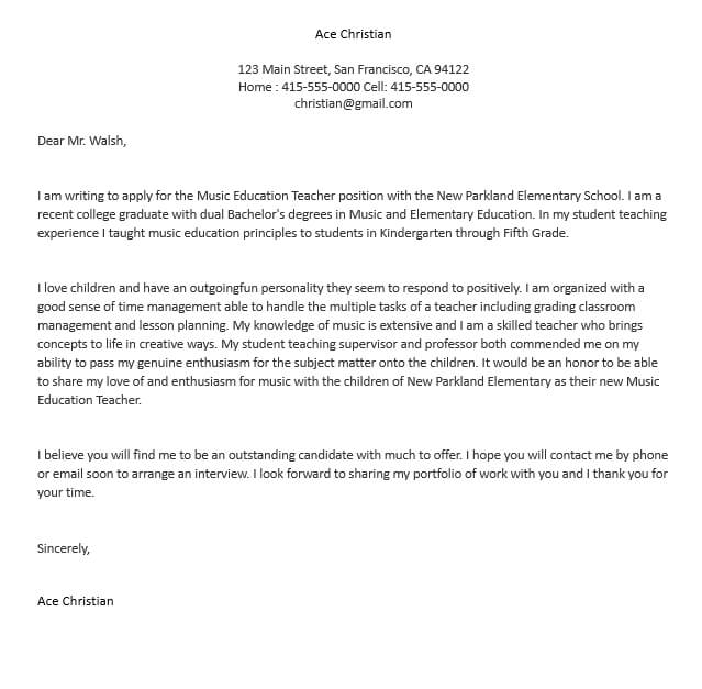 Music Teacher Resume Cover Letter
