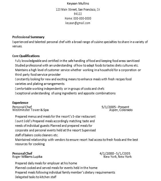 Personal Chef Resume