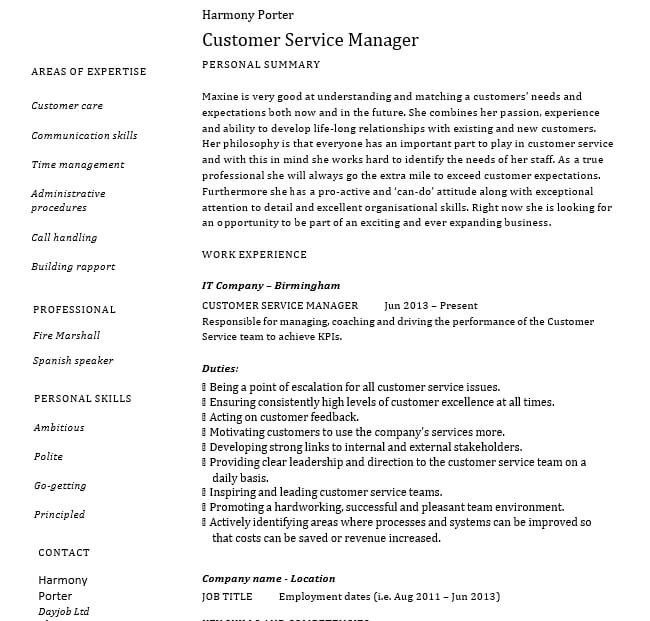 Retail Customer Service Manager Resume