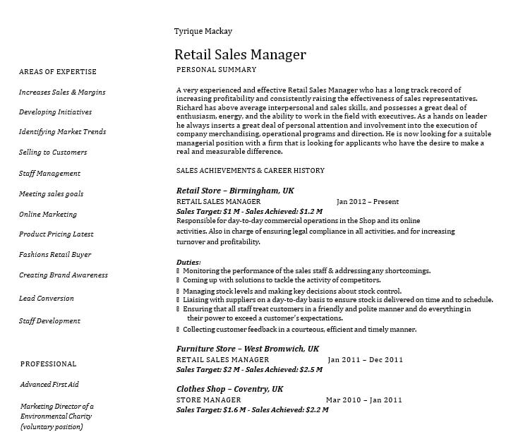 Retail Sales Manager Resume 1
