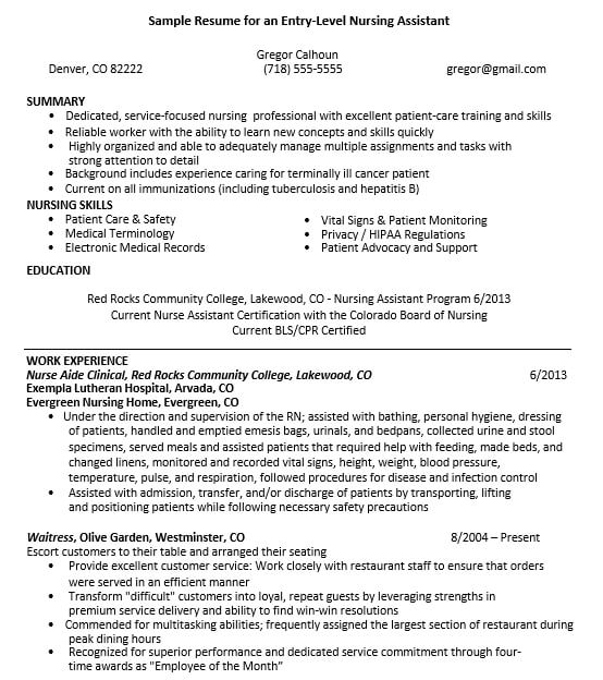 Sample Entry Level Nursing Assistant Resume
