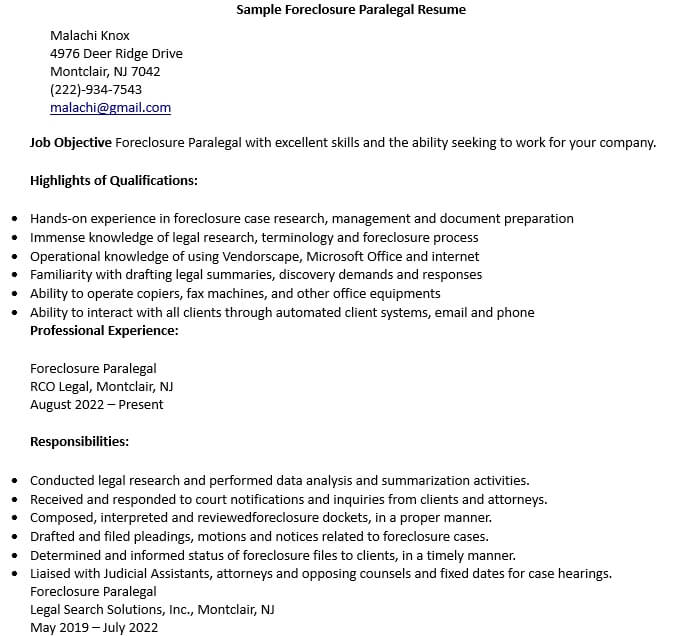 Sample Foreclosure Paralegal Resume Download