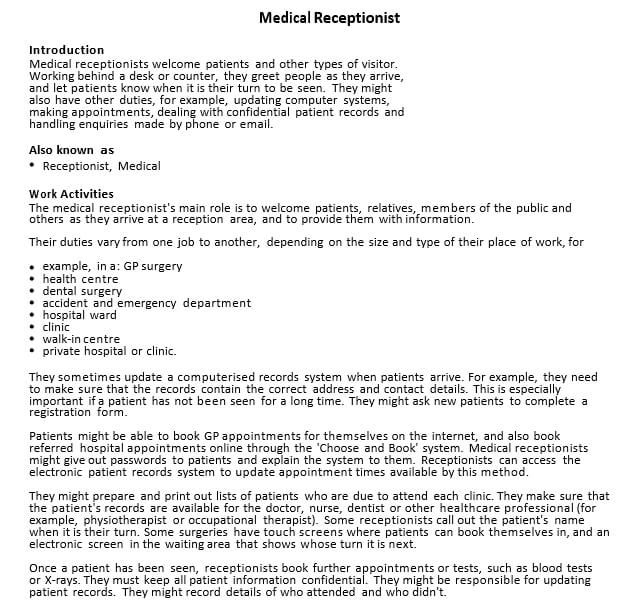 Sample Medical Receptionist Resume