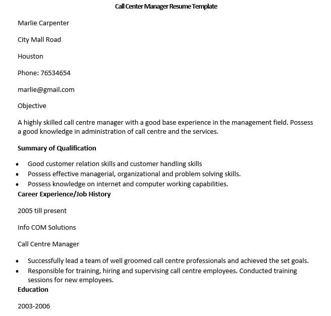 call centre manager resume template