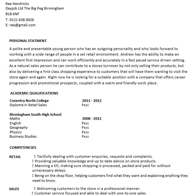 entry level resume for retail example