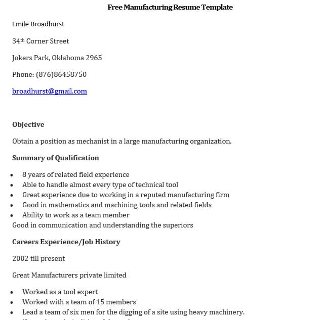 free manufacturing resume template