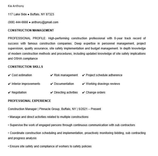 sample construction Management resume