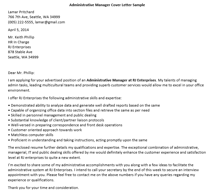 Administration Manager Resume Cover Letter