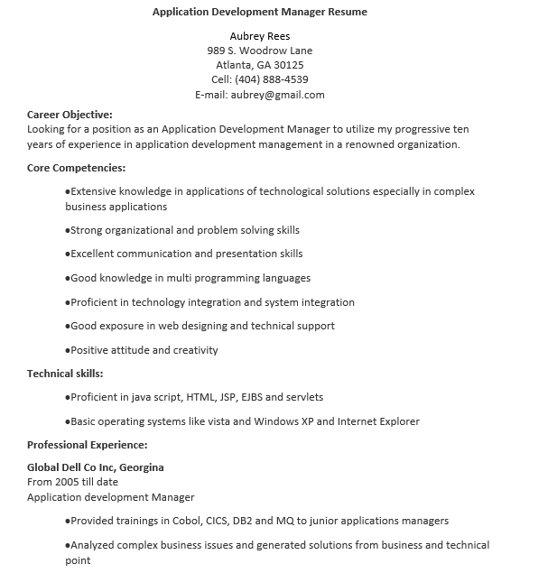 Application Development Manager Resume