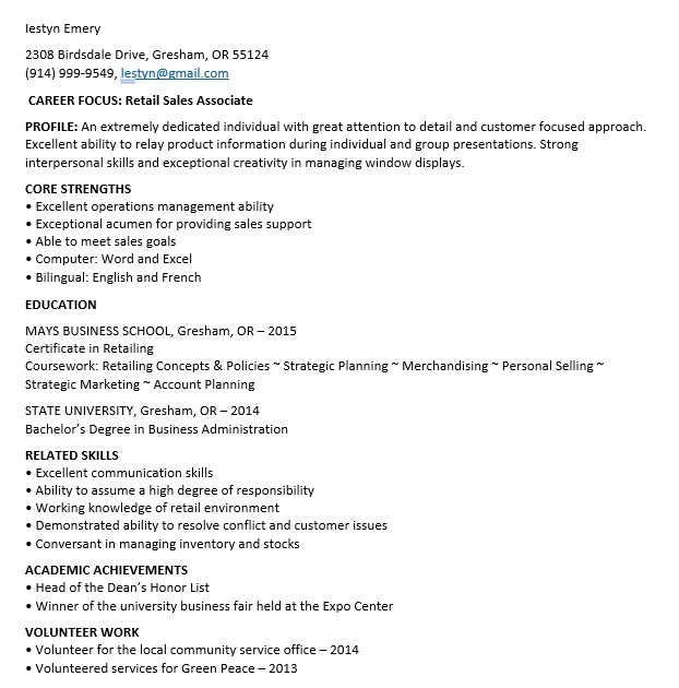Entry Level Retail Sales Resume