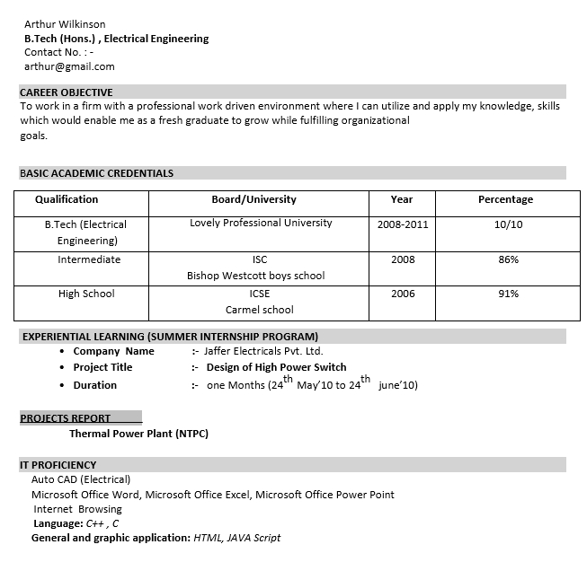Fresher Electrical Engineer Resume Example
