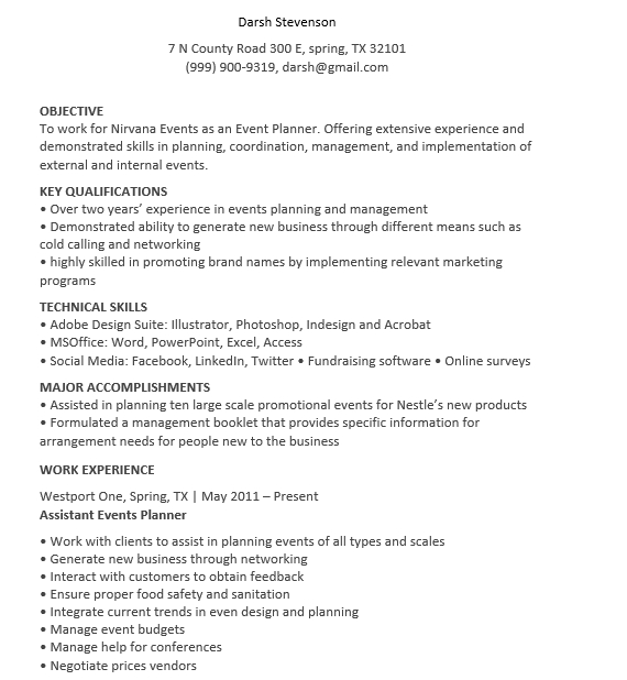 Party Event Planner Resume