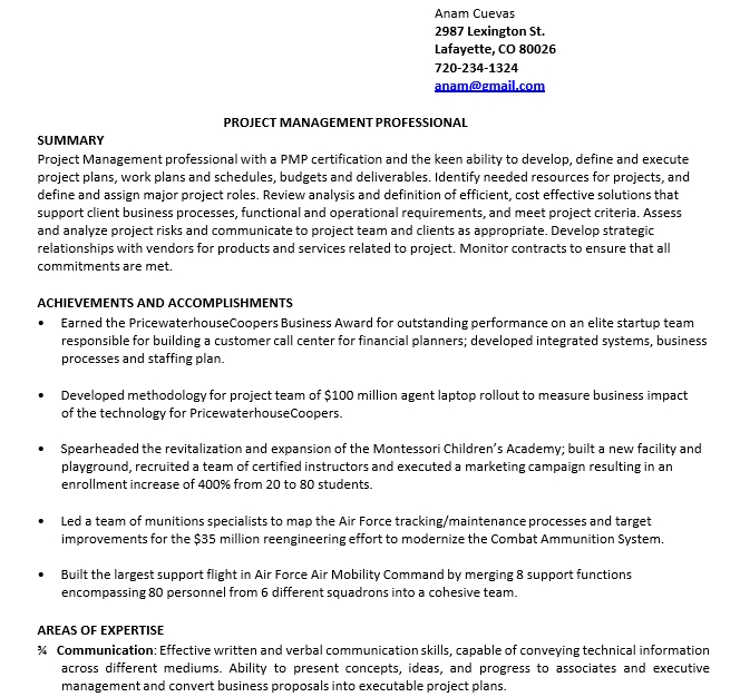 Professional Project Management Resume