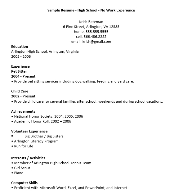 Sample No Work Experience High School Resume