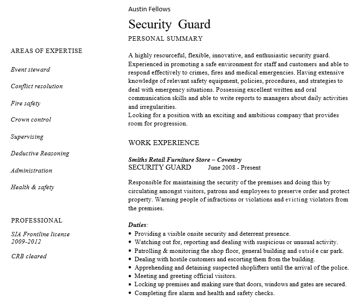 Security Guard Experience Resume