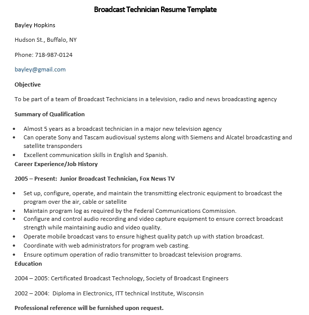 broadcast technician resume template