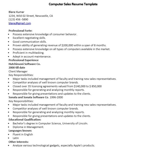 computer sales resume template